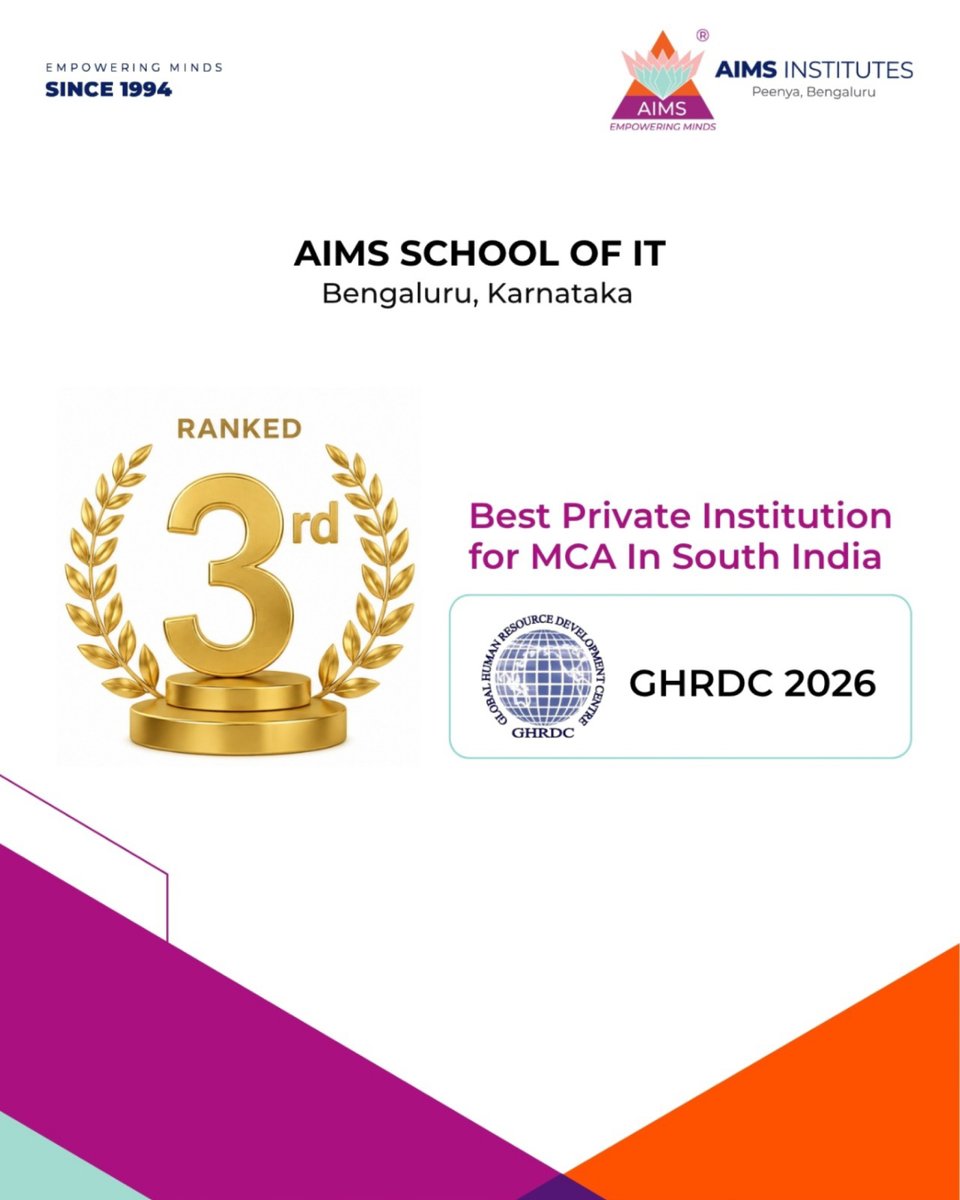 AIMSinstitutes's tweet photo. Proud achievements for the AIMS School of IT (GHRDC Rankings 2026)
3rd Best Private Institution for MCA in South India
4th Best Private Institution for MCA in India under "Super Excellence" Category
#aimsinstitutes #mca https://t.co/xzr5klP2dy