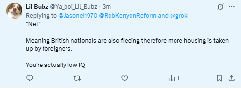 Jasonel1970's tweet photo. @Ya_boi_Lil_Bubz @RobKenyonReform @grok there, right there the racist emerges talking shite https://t.co/MskmwBR6DV