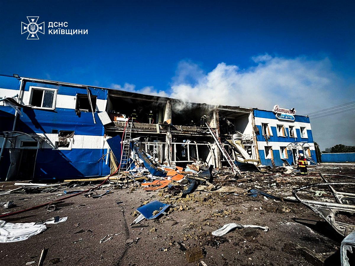 ZelenskyyUa's tweet photo. The list of Russia’s latest “victories” over the past few days has grown to include the Yagotynske for Children plant, which produced food products for children. In the Kyiv region, rescue efforts are ongoing at the site of this strike – units of the State Emergency Service of Ukraine have already extinguished the fire. As of now, seven people have been reported injured. Tragically, four people were killed. My condolences to their families and loved ones.

Also on this list are food warehouses and a postal facility in the Dnipro region, an ambulance in Kherson, a school building in the Sumy region, port infrastructure in the Odesa region, ordinary residential buildings, and an outpatient clinic building in the Kharkiv region.

Russia continues its war against life, and everyone who helps us is truly standing up to defend it. Every support package with anti-ballistic defense, every joint agreement on weapons production, every step the world takes in sanctions against Russia – all of this helps protect people’s lives. I thank everyone who stands with Ukraine! It is important for all of us together to force Russia to end their war and move toward diplomacy.