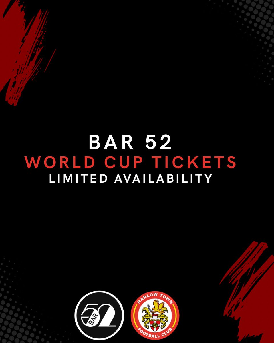 HarlowTownFC's tweet photo. Don’t forget to grab your tickets for Bar52 to watch the World Cup this summer ⚽🔥

Tickets available here- https://t.co/x7IpvRC3Vm https://t.co/LkZT56roco