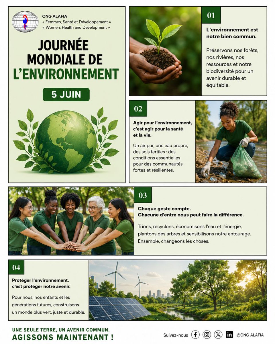 OAlafia33940's tweet photo. 5 Juin -Journée Mondiale de l’Environnement
Protéger l’environnement, c’est protéger notre santé, notre avenir et celui des générations futures.
Une seule Terre, un avenir commun. Agissons maintenant !
#ONGAlafia #JournéeMondialeDeLEnvironnement #WorldEnvironmentDay #MMFT https://t.co/SnH55rZHrp