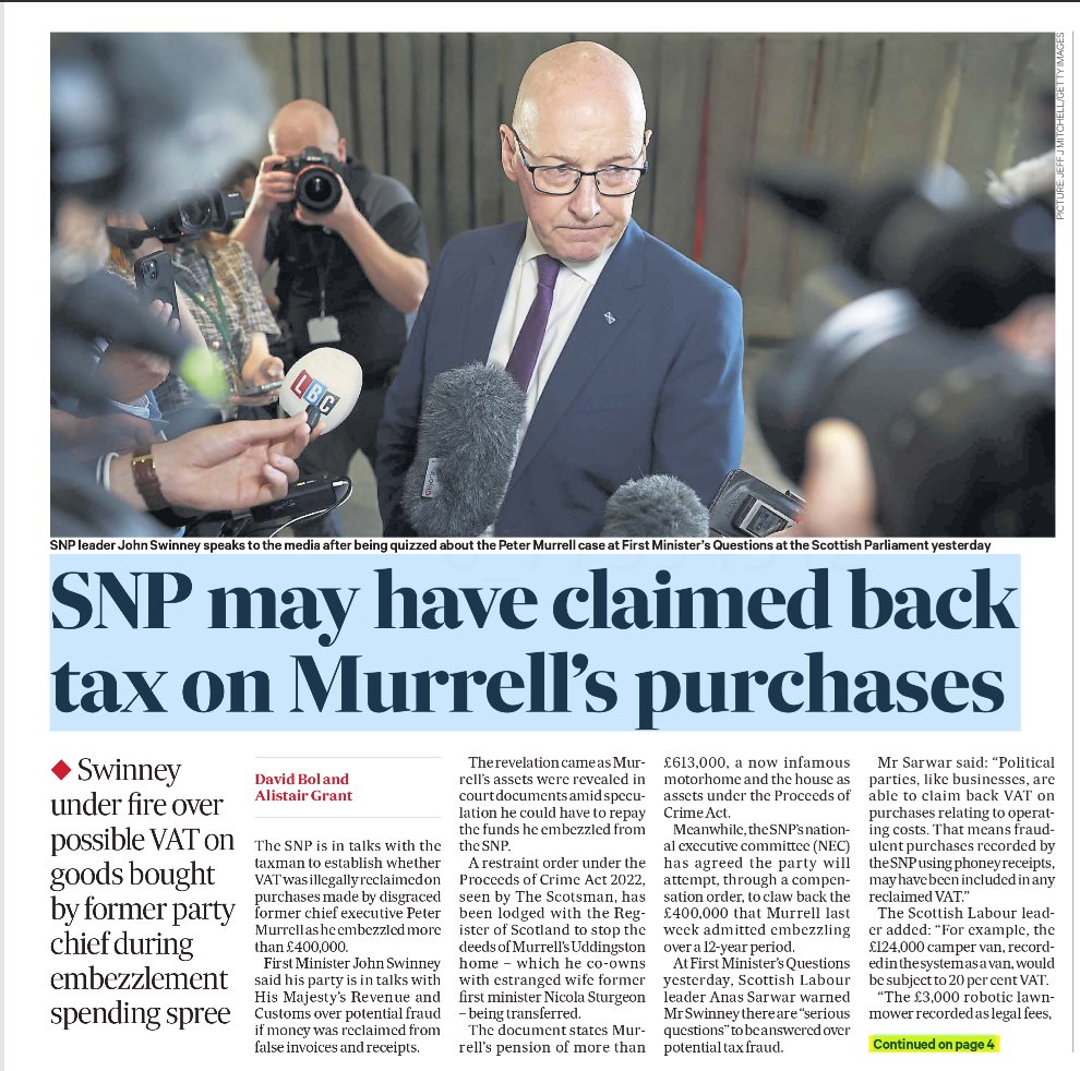 AgentP22's tweet photo. Peter Murrell has already secured a place in SNP history.

John Swinney now seems determined to add "Tax Dodger's Apologist" to his own CV.

Fraud, embezzlement, missing cash, and now questions over VAT claims.

The SNP never stops giving. https://t.co/hwepCAoe1K