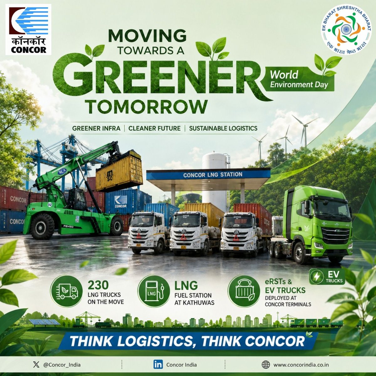 concor_india's tweet photo. This World Environment Day, CONCOR reaffirms its commitment to building a greener and more sustainable logistics ecosystem.

From deployment of 230 LNG-powered trucks and establishment of LNG Fuel Stations to the introduction of Electric Vehicles (EVs) and Electric Reach Stackers (eRSTs) at terminals, CONCOR is steadily advancing towards low-carbon, energy-efficient logistics solutions. Around 95% of CONCOR's overall container movement takes place by rail-a green mode of transportation.

By integrating sustainability with innovation, we continue to strengthen our ESG commitments while delivering reliable multimodal logistics services across the nation.

🌱 Driving Green Logistics
🌱 Reducing Carbon Footprint
🌱 Building a Sustainable Future

#WorldEnvironmentDay #ESG #GreenLogistics #Sustainability #NetZero #CleanEnergy #LNG #EV #CONCOR #ThinkLogisticsThinkCONCOR