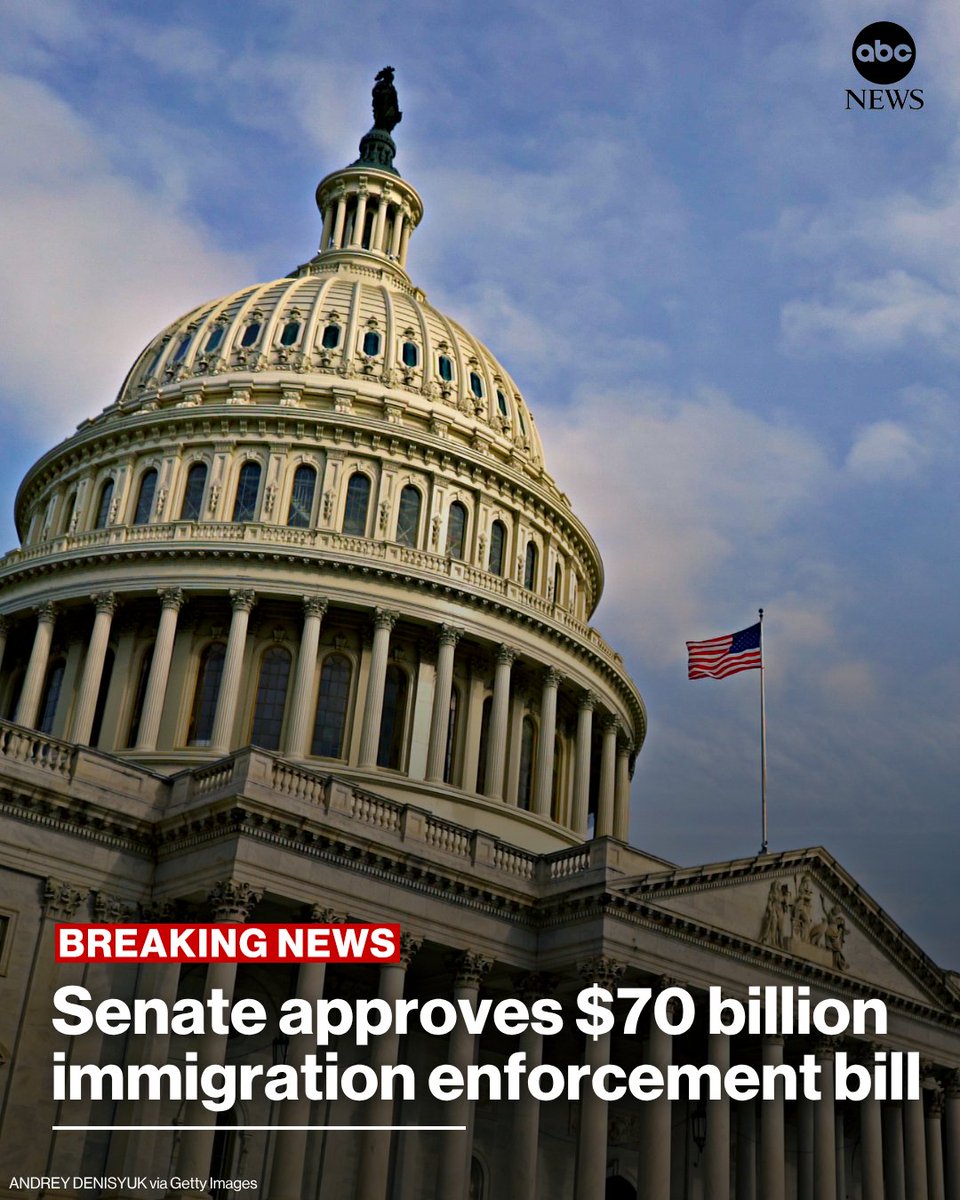 ABCPolitics's tweet photo. JUST IN: The Senate has voted to approve a $70 billion immigration enforcement package that includes nothing to rein in the "anti-weaponization" fund. 

Read more: https://t.co/CAt8DCwurP https://t.co/mHktnlYWpq
