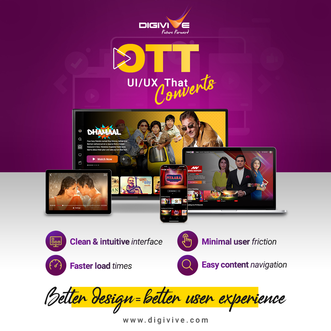 DigiviveService's tweet photo. In the OTT industry, great content attracts users—but great UI/UX keeps them watching.

A seamless interface, faster load times, intuitive navigation, and minimal friction create the viewing experience users expect today.

 Explore more: https://t.co/Iplo20SnqT
+91-7834 91 22221 https://t.co/G4nFAUMUwy
