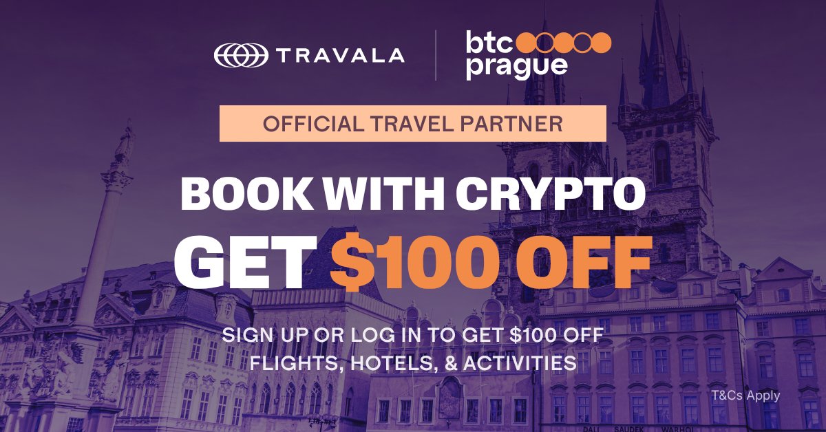 travalacom's tweet photo. 10,000 Bitcoiners are heading to Prague. Are you? 🇨🇿

Travala is the Official Travel Partner of @BTCPrague

Get $100 OFF flights, hotels &amp; activities when you book your trip with crypto on Travala!

Sign up or log in via this link 👉 https://t.co/4RqAabFx19

More below 👇 https://t.co/r1Ucx5XoqS