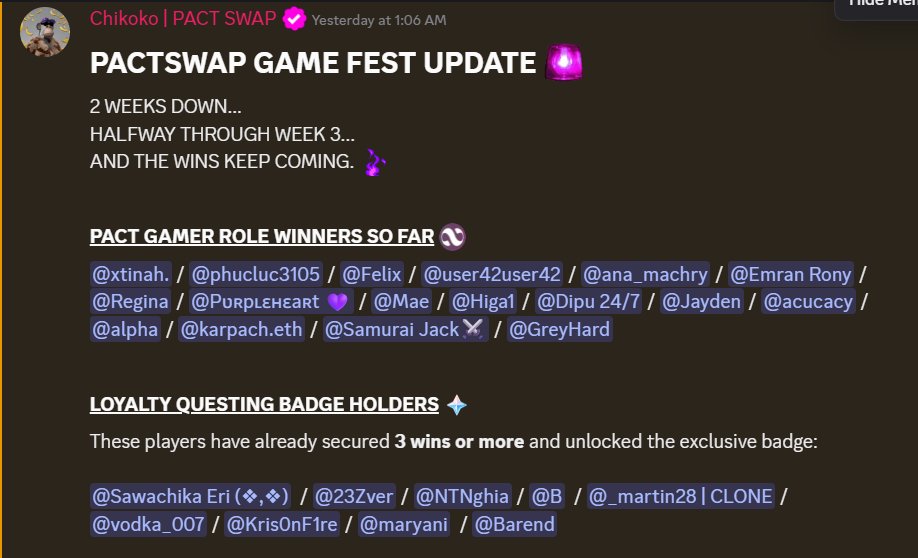 Vodka__007's tweet photo. I already had Pact Gamer role by winning a game in the last game fest  in @Pact_Swap 

Now after winning 2 more games in latest game fest, I just got Loyalty Quest Badge🏆 

Badge=Airdrop💸

You still got chance to join the Airdrop 

Win 3 games and get the badge https://t.co/H0DA9vMEnQ