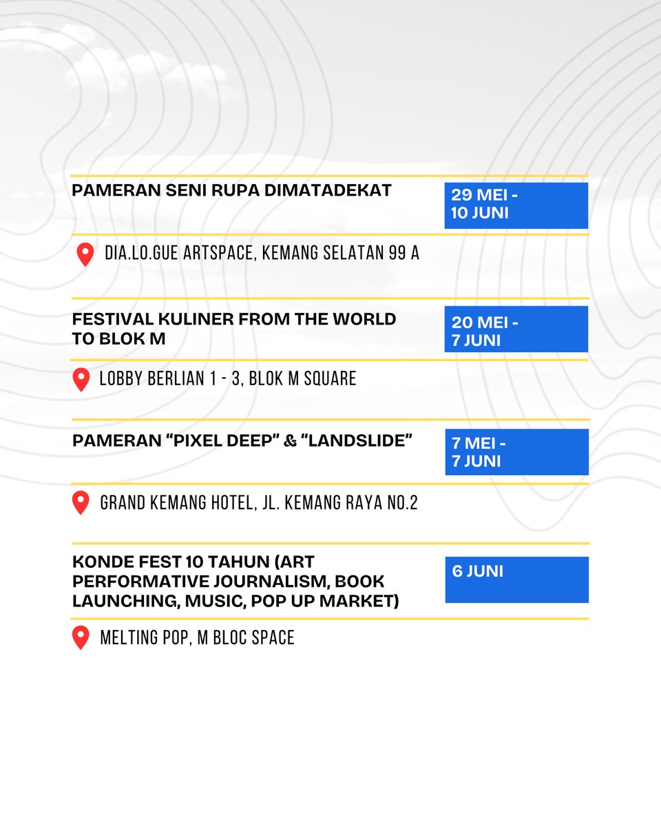KotaJaksel's tweet photo. Sudah siap menyambut berbagai event menarik dan menyenangkan yang akan hadir di Jakarta Selatan?🙋🏻♀️🙋🏻 Yuk cek disini! #jakselkotahealing #weekendlist #kalenderjaksel #eventjaksel #hangout https://t.co/Wnyx12brhO