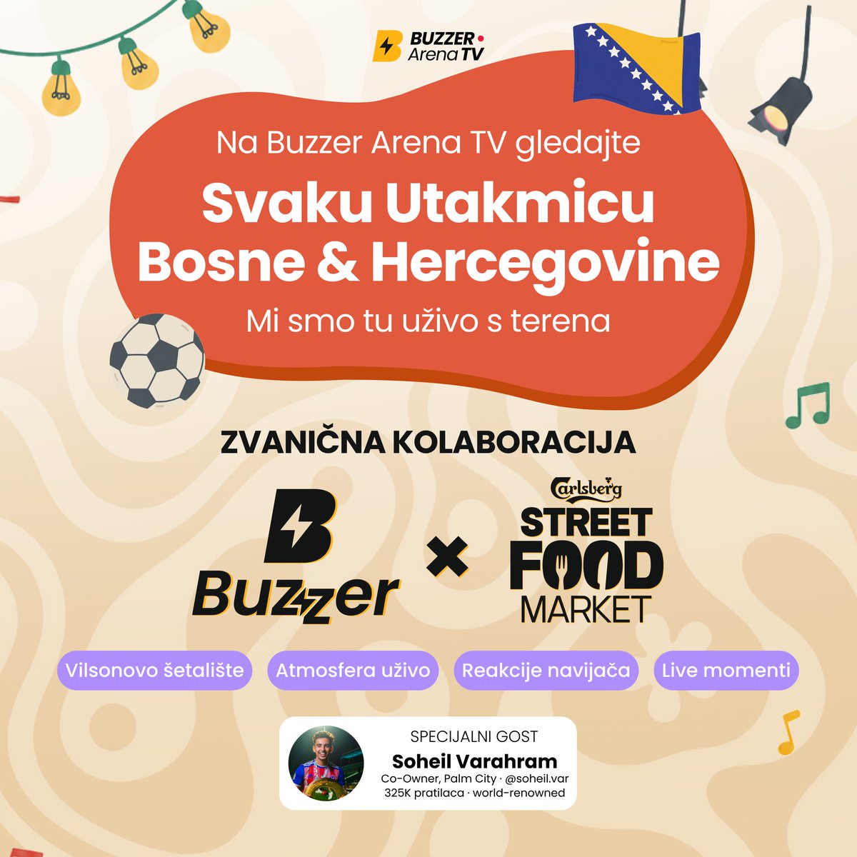 BuzzerFan's tweet photo. 🍔⚽ Live from Sarajevo Street Food Market!

Buzzer is bringing you live coverage, fan reactions, festival atmosphere, and Bosnia & Herzegovina national team matches on Buzzer Arena TV. 🇧🇦🔥

Special guest: Soheil Var co-owner of Palm City FC, whose club is hosting official player tryouts in Sarajevo with a chance to earn a professional contract. 🌍⚡

📲 Follow for updates.

#BuzzerLive #StreetFoodMarket #Sarajevo #BiH #Football #PalmCityFC #Dubai