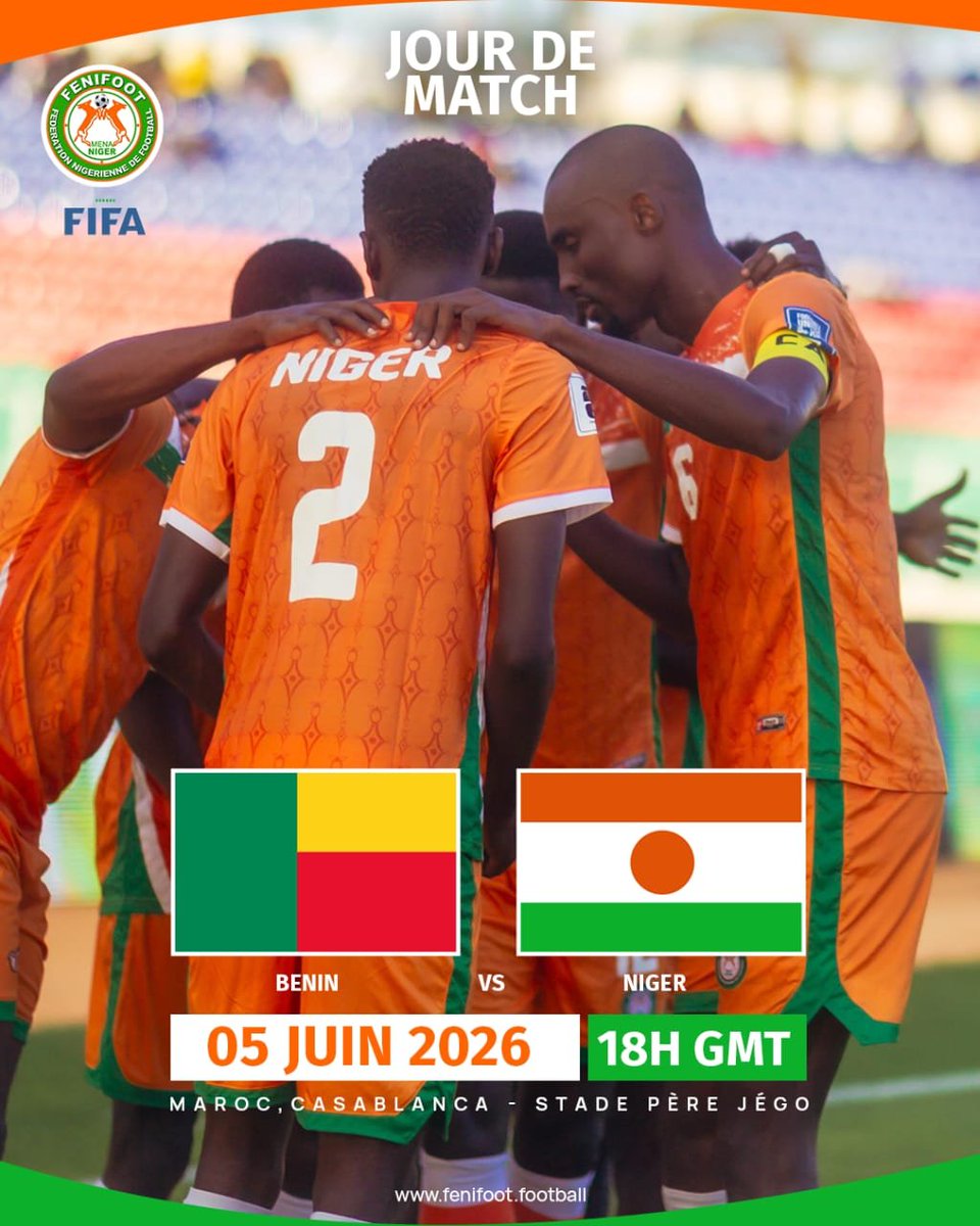 NigerAr's tweet photo. JOUR DE MATCH A CASABLANCA

Le Mena National retrouve les terrains ce vendredi pour une nouvelle étape de sa préparation internationale.

Face au Bénin, nos joueurs auront à cœur de défendre les couleurs du Niger avec engagement, discipline et fierté.

🗓️05 juin 2026
⏰18h00 GMT, 19H (Niamey)
🎯Stade Père Jégo, Casablanca (Maroc)

Ensemble, derrière notre équipe nationale.

Allez le Mena! 🇳🇪