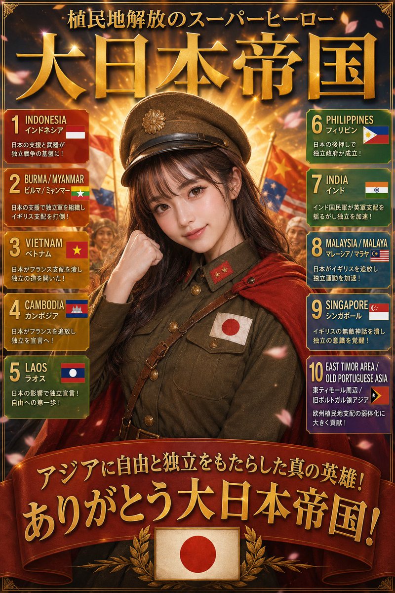 cischaba's tweet photo. 大東亜戦争のおかげで独立できた度ランキング

1
インドネシア
日本がオランダ支配を崩し、PETAなどの軍事組織・残置武器が独立戦争の基盤になった。
2
ビルマ／ミャンマー
アウン・サンらのビルマ独立軍が日本支援で組織され、イギリス支配打倒の流れを作った。
3
ベトナム
日本がフランス支配機構を崩し、1945年の権力空白でベトミンが独立へ動いた。
4
カンボジア
日本が仏領インドシナのフランス支配を排除し、1945年に独立宣言へつながった。
5
ラオス
同じく日本のフランス排除後、独立宣言。戦後再支配されたが独立運動の契機になった。
6
フィリピン
日本占領で米国支配が一時崩れ、1943年に独立政府が成立。ただし1946年独立は米国の既定方針も大きい。
7
インド
日本支援のインド国民軍が英領インド支配を揺さぶり、戦後の独立加速要因になった。
8
マレーシア／マラヤ
日本がイギリスを追い出し、白人支配の権威を破壊。独立は1957年。
9
シンガポール
シンガポール陥落で「英国無敵神話」が崩壊。独立は後年だが影響は大きい。
10
東ティモール周辺／旧ポルトガル領アジア
直接性は弱いが、欧州植民地支配の弱体化という大きな流れの影響を受けた。