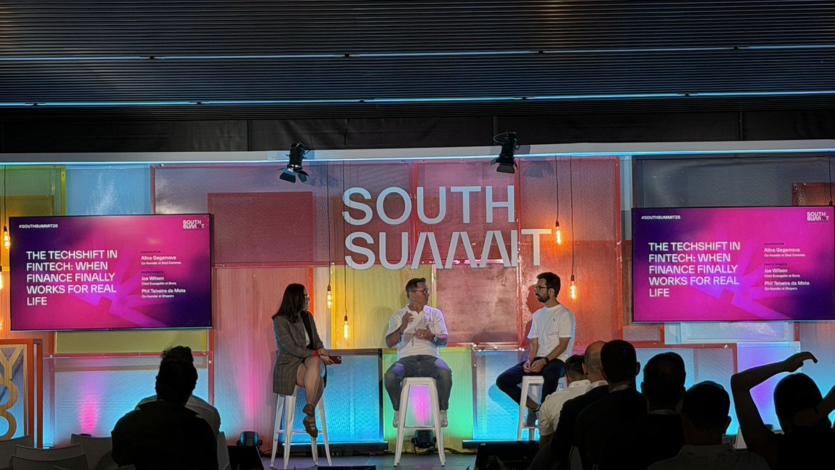 south_summit's tweet photo. 🚀 What happens when finance is built around people, not systems?

Phil Teixeira Da Mota (Shapers), Joe Wilson (bunq) and @AGegamova discuss the next generation of fintech, powered by AI and designed for real life. 💳🤖 #SouthSummit26 #AIConvergence https://t.co/BcfYsdPral