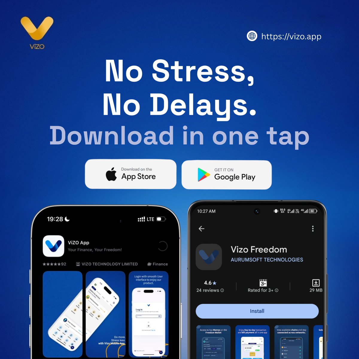 vizo_app's tweet photo. No stress. No delays. Just seamless transactions at your fingertips. 

With ViZO Freedom Wallet, downloading and getting started takes just one tap. Enjoy fast, secure, and smooth digital transactions anytime, anywhere.

Your finance. Your freedom. 

Download ViZO today and experience convenience without limits.

#ViZO #FreedomWallet #NoStressNoDelays #DigitalFinance #CryptoWallet