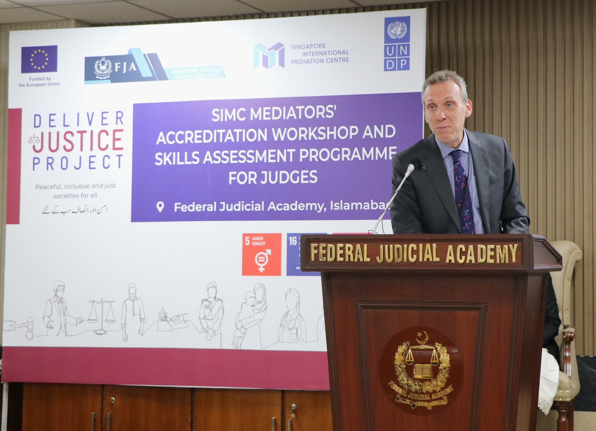 UNDP_Pakistan's tweet photo. Justice is more accessible when there are multiple pathways to reach it. ⚖️

With support from @EUPakistan 🇪🇺 under the #DeliverJustice Project, @FJAIslamabad and #UNDPinPakistan, in partnership with the Singapore International Mediation Centre, trained 48 judges from the Islamabad and Balochistan High Courts in accredited mediation.

Building on the accreditation of 24 judges in 2024 and the establishment of 7 Court-Annexed Mediation Centres across Balochistan, these efforts are strengthening mediation as an increasingly effective pathway to faster, more affordable, and people-centred justice. ⚖️🤝.