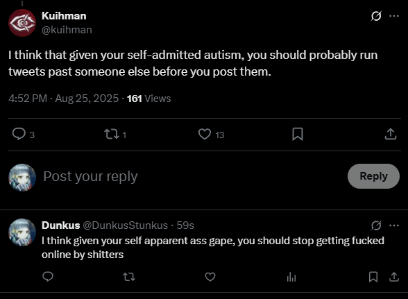 DunkusStunkus's tweet photo. @SalvoPancakes I don't know when Kilo blocked me and then unblocked me, but I assume this was the reason.

Sounded pretty sensitive to criticism until it was time to latch onto a camp's talking points. https://t.co/GjHkyoI2e8