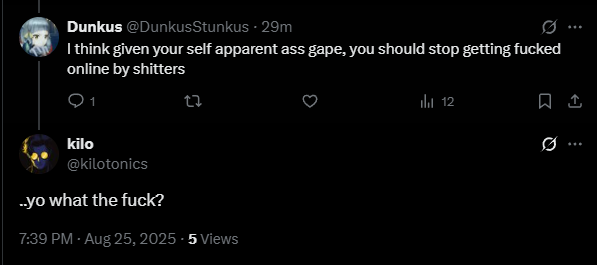 DunkusStunkus's tweet photo. @SalvoPancakes I don't know when Kilo blocked me and then unblocked me, but I assume this was the reason.

Sounded pretty sensitive to criticism until it was time to latch onto a camp's talking points. https://t.co/GjHkyoI2e8