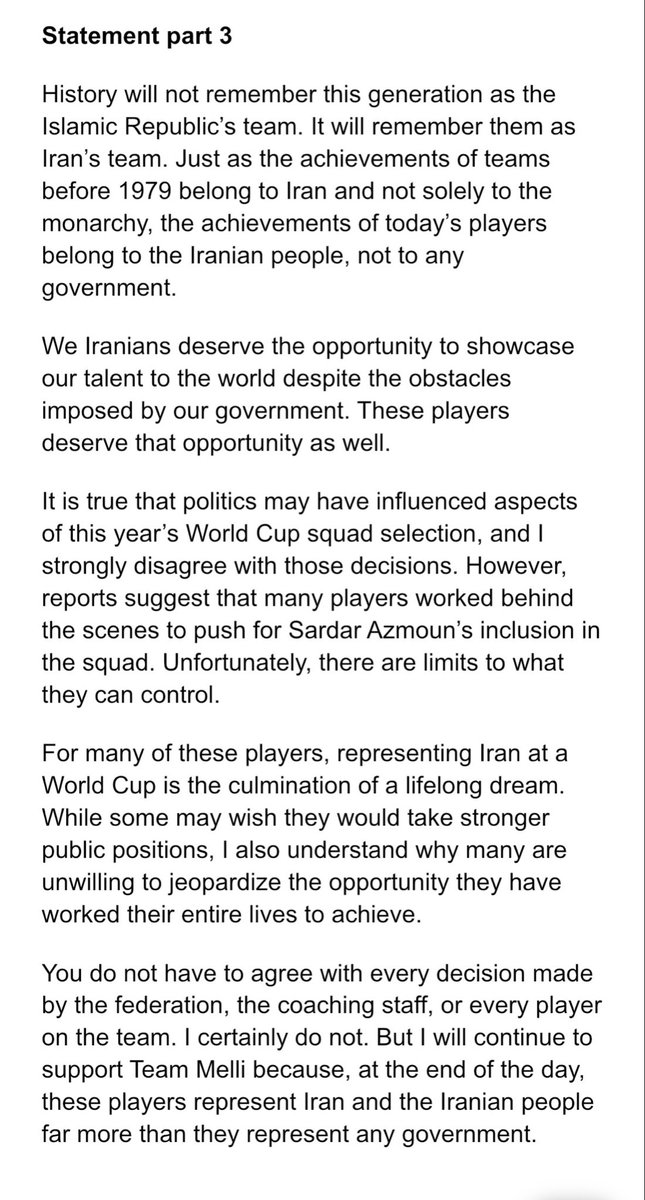 TmMelliAnalysis's tweet photo. ⚽️🇮🇷I’ve seen a lot of hate directed towards Team Melli and its players in recent weeks. As someone who has supported this team for years, I wanted to share my thoughts on why I believe much of it is misplaced.

There was a lot I wanted to say, so apologies for the length. https://t.co/Exo7976xaZ