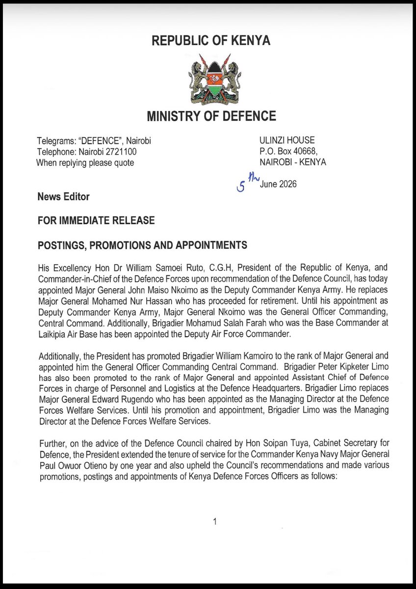 kdfinfo's tweet photo. His Excellency Hon Dr William Samoei Ruto, C.G.H, President of Republic of Kenya, and Commander-in-Chief of the Defence Forces upon recommendation of the Defence Council has made the following changes in the military. See more: https://t.co/x1QPvkw8gy