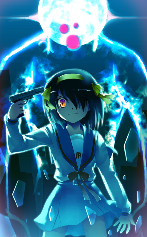 TheIshikawaRin's tweet photo. It was really fun learning the history (and finding the high resolution version) of your edgy Haruhi wallpaper a few years ago when I distinctly remembered its usage in that Blood Sugar upload

It eventually lead me to the original Haruhi in Persona 3 art its based on (which doesn't exist in high resolution sadly)
