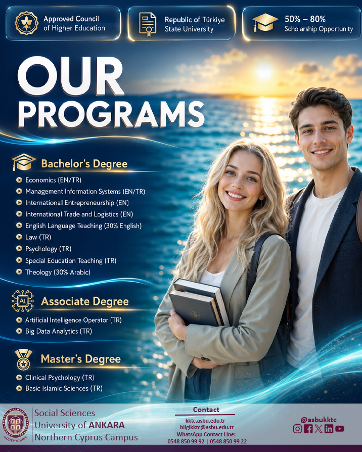 asbukktc's tweet photo. 🎓Scholarship opportunities ranging from 50% to 80% are waiting for you!

📍 Social Sciences University of Ankara Northern Cyprus Campus

🎯 Council of Higher Education Approved | Republic of Türkiye State University

📌 Make ASBU Northern Cyprus Campus your first choice! https://t.co/BYsDBiUSuP