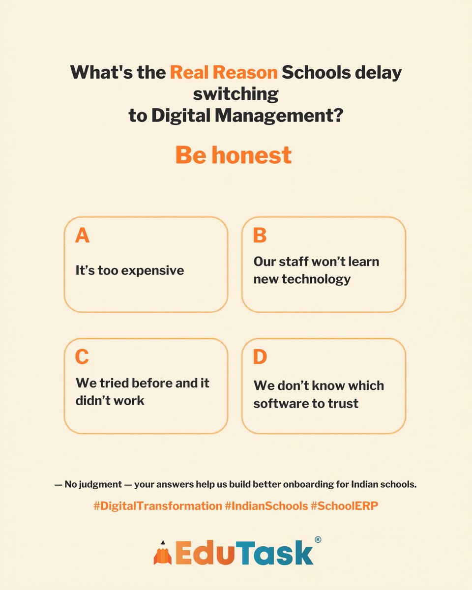 myedutask's tweet photo. What's the biggest reason schools delay going digital?

A) Too expensive
B) Staff won't adopt it
C) Tried before, didn't work
D) Don't know which software to trust

Vote below 

#SchoolERP #DigitalTransformation #IndianSchools https://t.co/VILU6tNeBl