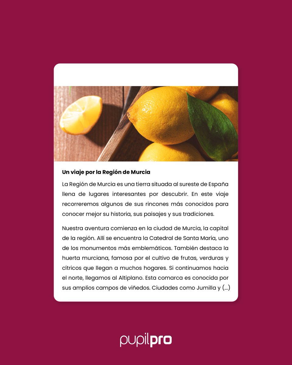 pupilpro's tweet photo. Desde la costa 🌊 hasta el interior 🍋, la Región de Murcia está llena de rincones por descubrir.

😍 Aprender sobre nuestro entorno también es aprender a valorarlo.  ¿Cuál es tu rincón favorito? 

📖 Lectura + tipo test.
🔗 https://t.co/PLEj0JVR6N

#regióndemurcia #pupilpro https://t.co/i3LiAIJhNJ