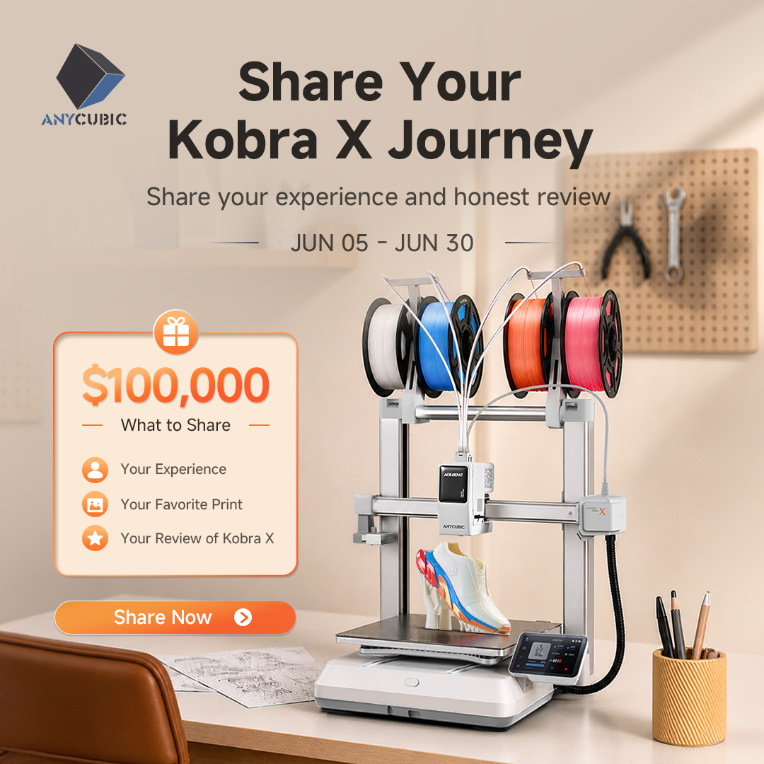 anycubic3dprint's tweet photo. Share your Kobra X journey & win!🎁

You've been printing with the Kobra X for a while now — we'd love to hear your honest thoughts.

Tell us:
Why did you choose the Kobra X?
What's your favorite print?
What feature do you love most?
Would you recommend it to others?

Share your Kobra X journey in the comment or post with #ShareYourKobraXJourney. Photos, Videos, Reviews, and Stories are all welcome.

�� Prizes
Weeks 1–3:
10 Winners × 2KG Filament every week

Final Week:
 2 × ACE 2 Pro
 1 × Kobra X

📅 Event Period:
June 5 – June 30, 2026 (UTC)

⏰ Submission Deadline:
June 30, 2026, 11:59 PM (UTC)

📢Winners Announcement:
July 10, 2026 (UTC)

#Anycubic #KobraX #KobraXCreatorSeason #3DPrinting #FDMPrinter