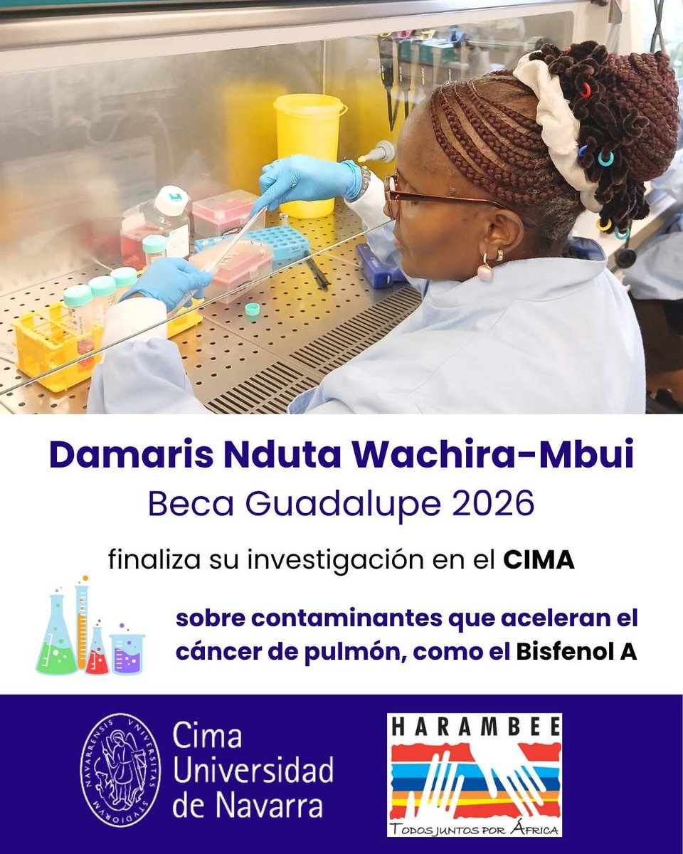 HarambeeONGD's tweet photo. Damaris Nduta, científica de Kenia, finaliza su estancia de investigación en @CIMA_unav  gracias a una Beca Guadalupe @HarambeeONGD. Ha estudiado contaminantes que aceleran el cáncer de pulmón Participó en I Jornada Guadalupe Guadalupe en @ClinicaNavarra 👉https://t.co/VldqP0U3gr https://t.co/lo2XBuqstx