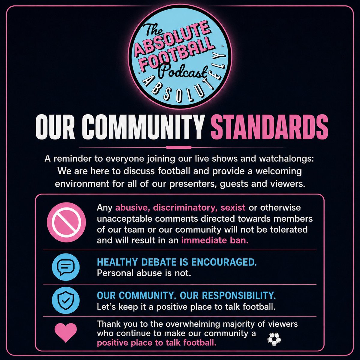 absoluteballpod's tweet photo. Football is built on passion, debate and differing opinions.

Abuse, discrimination, sexism and personal attacks have no place in our community.

Please take a moment to read our Community Standards below. ⚽️ https://t.co/ZpdkYWkC1d