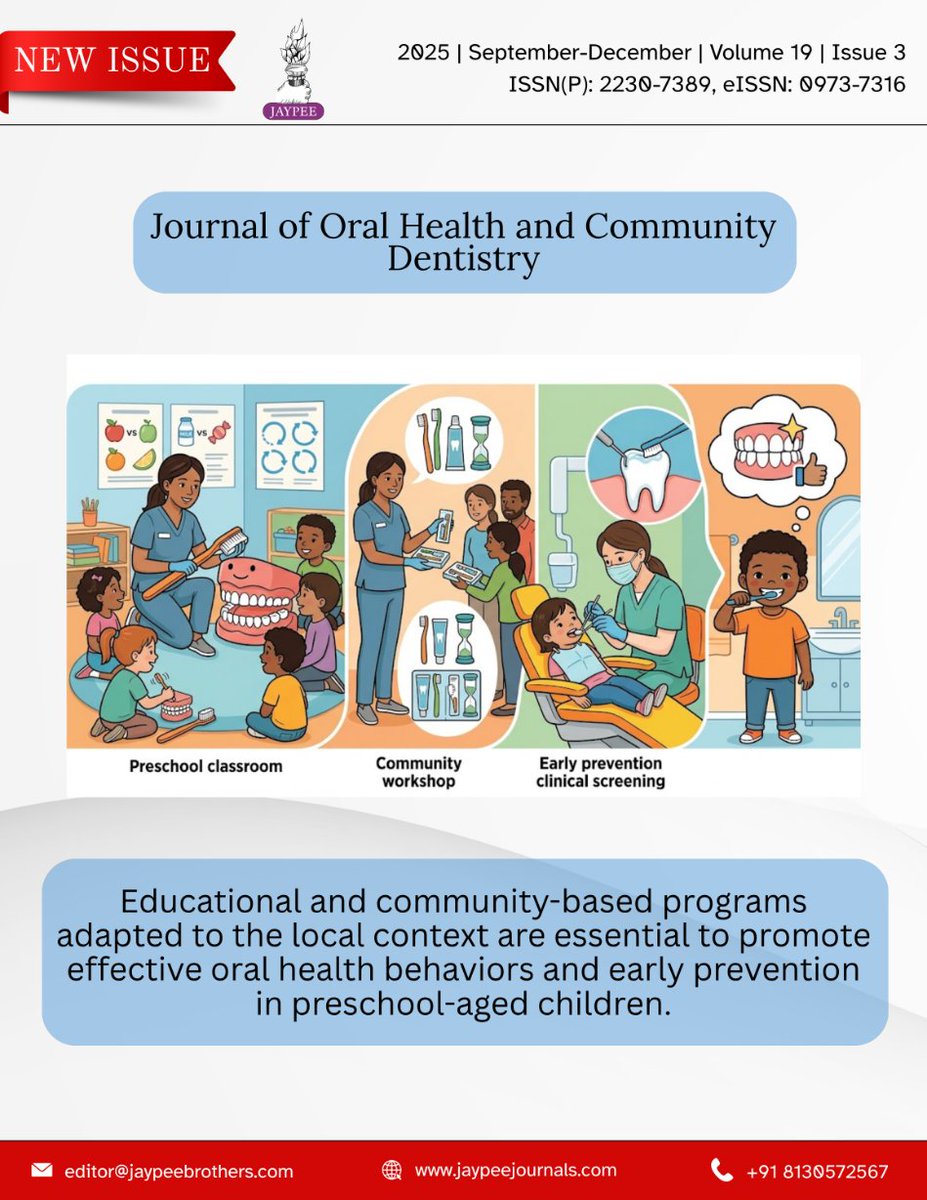 JaypeeJournals's tweet photo. This issue highlights links between caries and forensic markers, the importance of early awareness in prevention, the role of community-based oral health programs, and the need for targeted parental education. 

To grasp the topics in detail: https://t.co/J443rQofNd https://t.co/0am6SfBRVU
