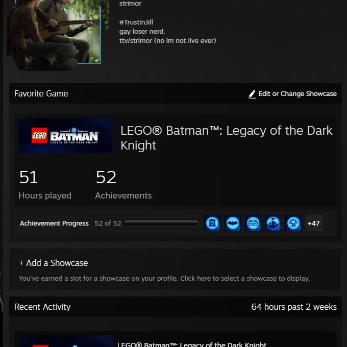 MidasClancy's tweet photo. was gonna take a pic on my phone but cant find it anyway all achievements done for lego batman (98.95% in game tho) yay yippee !!! https://t.co/0po9P77HLY