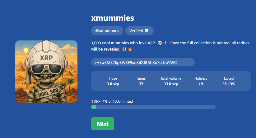 xmummies's tweet photo. 🚀 Join the XMummies Club! 🧟‍♂️⚡

Mint your own XMummy for just 1 XRP and become part of the growing XRPL NFT community. Only 1,000 unique mummies available. Don't miss your chance! 🔥

👀 Mint here: XMummies Mint Page

#XMummies #XRP #XRPL #XRPNFT #NFTCommunity #NFTs #XRPArmy https://t.co/lrl6jI2Aol