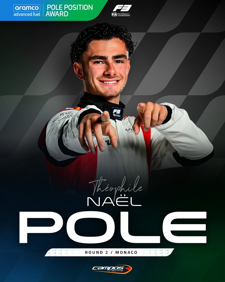 Formula3's tweet photo. THÉOPHILE NAËL IS ON POLE IN THE PRINCIPALITY! 👏👏👏

The French driver secures his second @aramco Pole Position Award of the season! 🙌

#F3 #MonacoGP https://t.co/b1G1VQkSIH