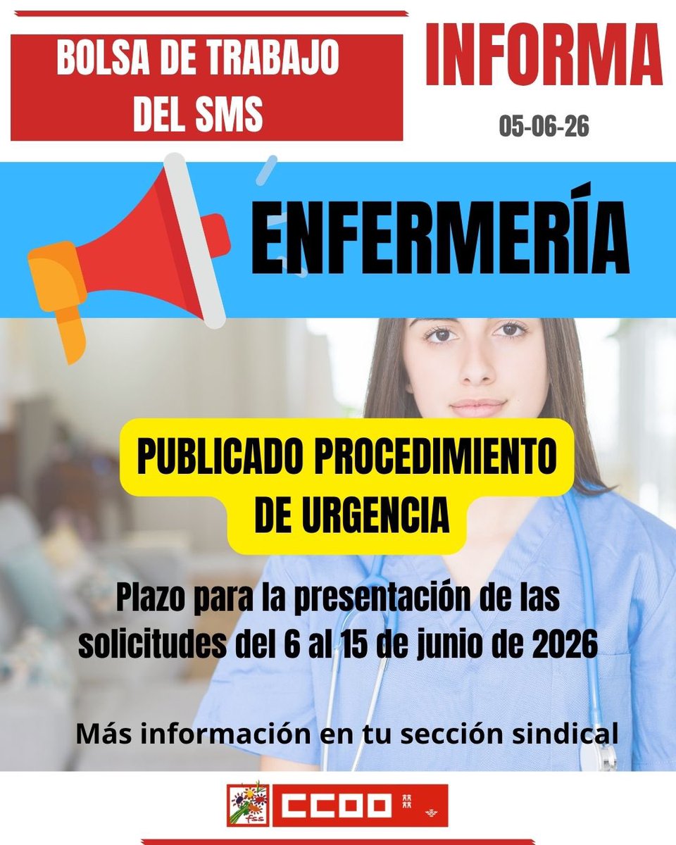 fssccoorm's tweet photo. Publicado procedimiento de Urgencia para ENFERMERÍA

Inscripción en: https://t.co/0Pv9W43Tbz

Más información en tu sección sindical de CCOO https://t.co/pDol4TI3MX