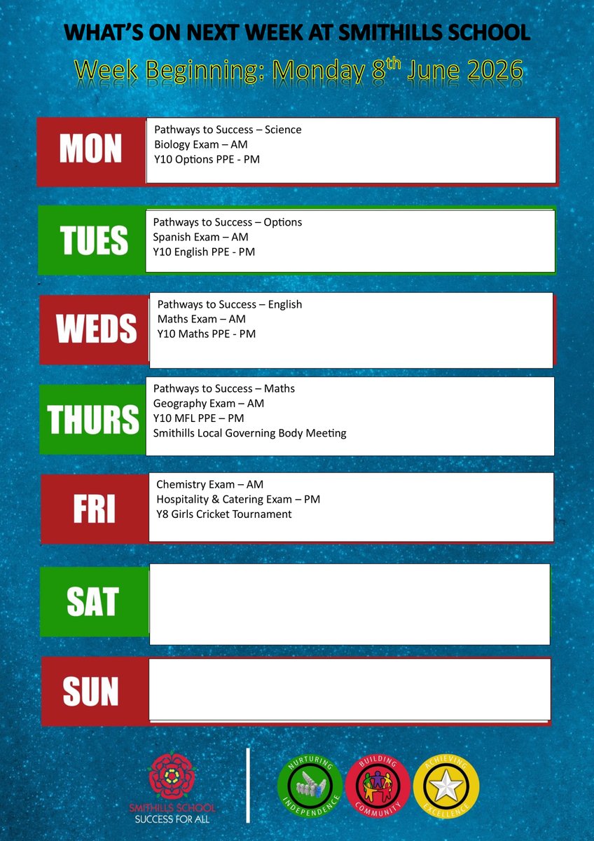 SmithillsSchool's tweet photo. WHAT'S ON NEXT WEEK AT SMITHILLS SCHOOL ⤵️
Please take a look at the poster below, which highlights the key events happening at Smithills School next week.
#KeyEvents #lookingforwardtoit #excited #SmithillsFamily #successforall https://t.co/9ahgpRbmIo