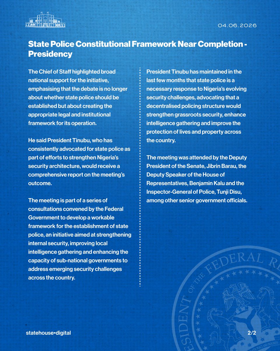 NGRPresident's tweet photo. State Police Constitutional Framework Near Completion - Presidency. https://t.co/bgRtozU2bF