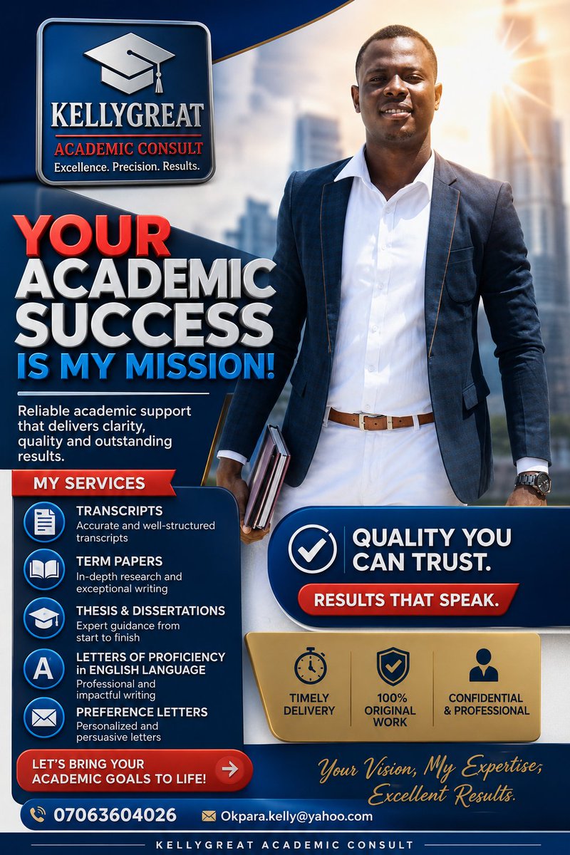 kellyGreat01's tweet photo. Stressing over deadlines? 🎓 YOUR ACADEMIC SUCCESS IS MY MISSION!
​Get expert, premium support from KellyGreat Academic Consult. We offer quality you can trust and results that speak!

Check comment for more...
#Uniport #Transcript #Postgraduate #Thesis #Scholarship @Big_Sinudo https://t.co/q2QjJgJHOS