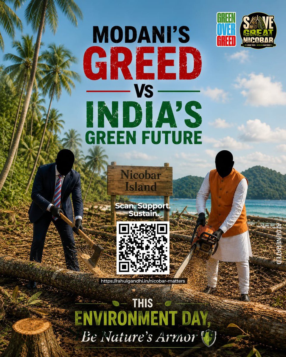 IYC's tweet photo. Every tree cut in Great Nicobar is a step towards their profits and a step away from our future.

This World Environment Day, choose India's green future over Modani's greed. Sign the petition:

https://t.co/tbPZvW8OBK

#GreenOverGreed
#NicobarMatters https://t.co/zR5MEVf7OX