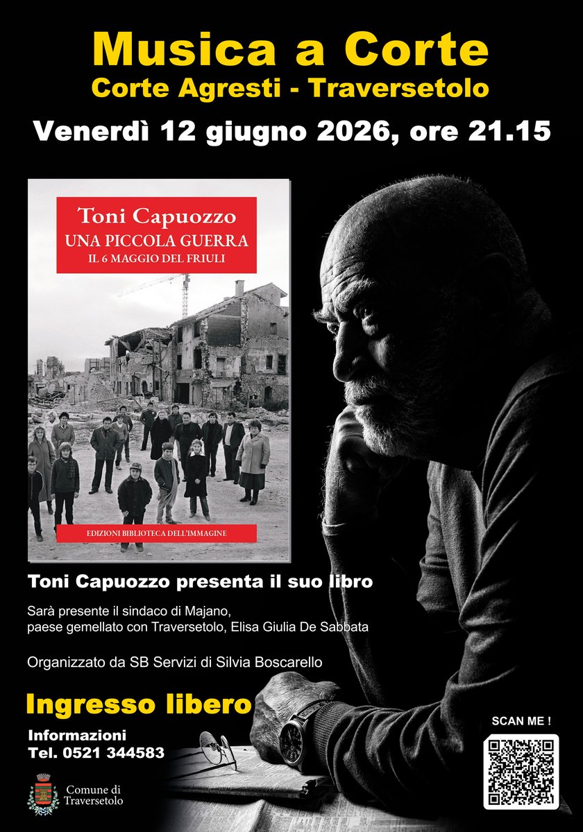 Traversetolo's tweet photo. 📚 «La piccola guerra della nostra generazione». Venerdì 12 giugno alle 21.15 Toni Capuozzo sarà ospite di #MusicaACorte per raccontare il terremoto del Friuli attraverso il suo libro, immagini e testimonianze. Ingresso gratuito. https://t.co/rA0n6ocAFS