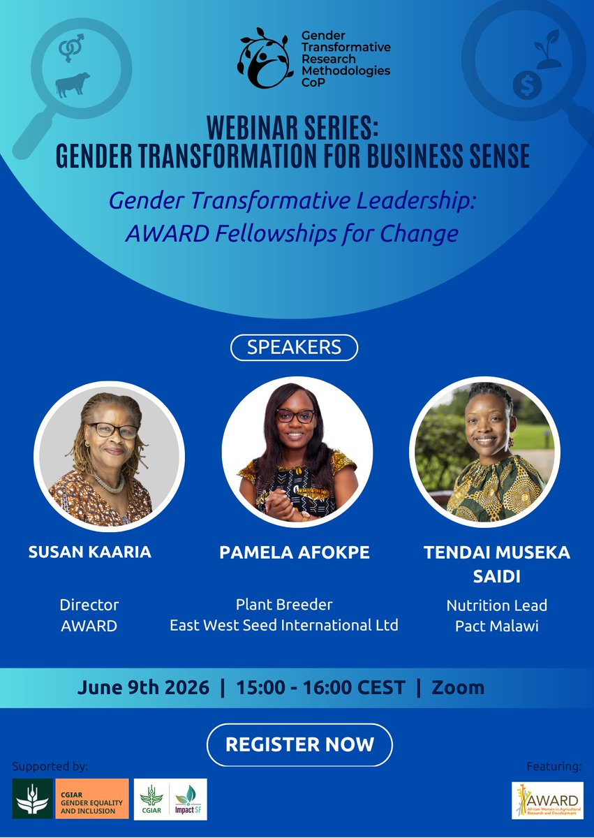 CGIARgender's tweet photo. Webinar Alert 🔇 

Join the next session of the Gender Transformative Research Methodologies Community of Practice (GTRM-CoP) webinar series 'Gender Transformation for Business Sense'  and learn what it means to create transformative leaders: https://t.co/rjyTBIfa0g
#GenderinAg https://t.co/oONK4JTkUk