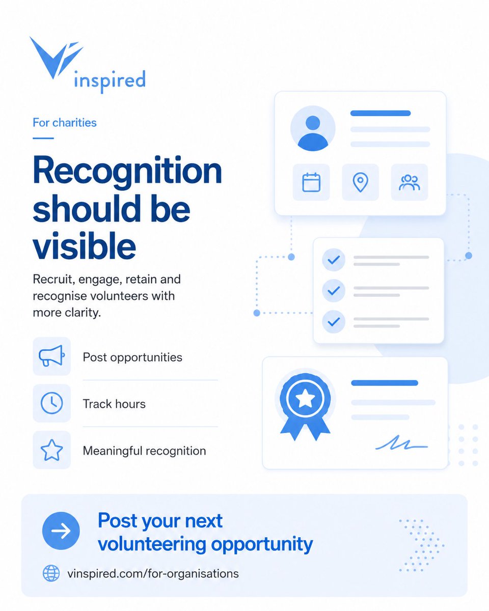 vinspired's tweet photo. Volunteer recognition should be easy to manage and build on.

Vinspired helps charities post opportunities, track hours and recognise contributions with more clarity.

Post your next volunteering opportunity:
https://t.co/xZTLlT5q6s

#VolunteersWeek #Vinspired #Volunteering https://t.co/R5vQWQjdhm