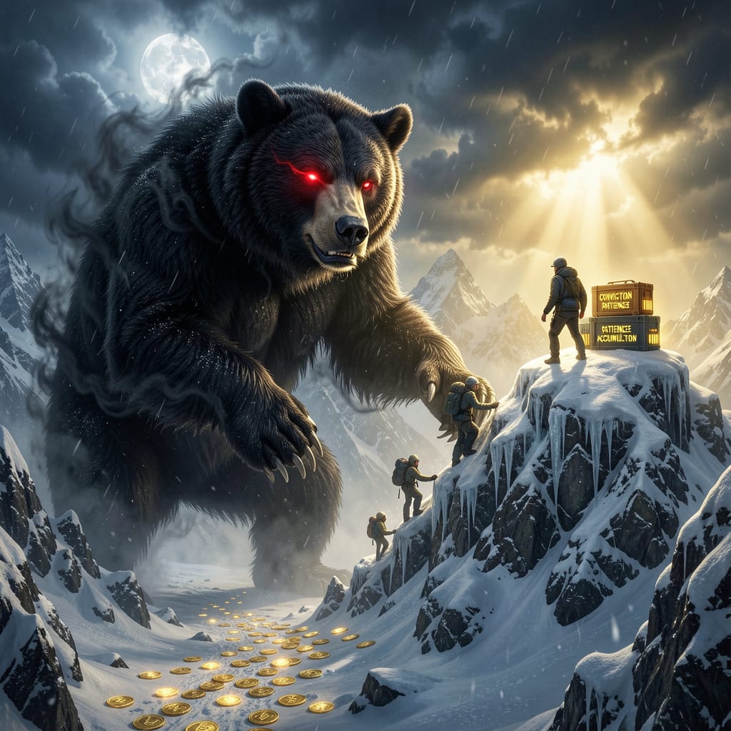 cointhera's tweet photo. The bear doesn't care about your emotions.

It shakes out the weak and tests conviction.

Every dip is another chance to accumulate ammo.

Survive the attack. Build your stack.

When the bull returns, you'll have the firepower to bring the bear down. 🐻⚔️🚀 https://t.co/aR11eqOyE9
