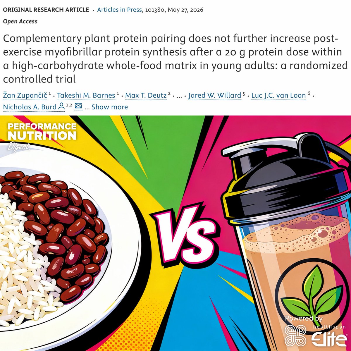 tecoughlin's tweet photo. Do complementary plant proteins enhance muscle protein synthesis? 🌱🔍

This new study recruited physically active young adults to consume either…

🍽️ Beans + rice meal (20 g protein, 114 g carbohydrate) (COMP)

🥤 An isolated nutrient drink containing the exact same amino acids, carbohydrate, fat and fibre as the meal (ISO)

…immediately after resistance exercise 🏋️‍♂️

Muscle protein synthesis responses were analysed during the recovery period 📈

Results 📊

📈 Both COMP and ISO increased muscle protein synthesis above baseline but did not differ between conditions 

⚠️ Despite containing 20g protein, plasma amino acids fell during the recovery period in both conditions

📉 Leucine concentrations were also lower in the COMP vs ISO condition

🚨 Indicating that the whole-food matrix, fibre content and large carbohydrate load may have slowed digestion and reduced amino acid availability

In exploratory analysis, pork protein significantly outperformed both plant proteins conditions (by almost double) 🍖

The findings do not suggest plant-based diets cannot support muscle growth 👈

Rather, they suggest that a modest 20 g whole-food plant meal may not be enough to optimise post-exercise anabolic responses ⚠️

For those following plant-based diets, focusing on total protein intake and leucine-rich protein sources is likely more important than simply combining complementary proteins ✅

Reference:

https://t.co/3tg5bypSUU

Subscribe to Performance Nutrition Digest FREE to receive your daily study breakdown, straight to your inbox or via the Substack app 📥

https://t.co/kPsQssm5ut

Performance Nutrition Digest is powered by Healthspan Elite⚡️

https://t.co/V0YqjzPGsK