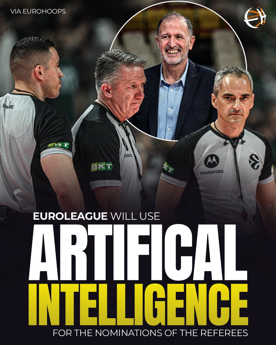 Eurohoopsnet's tweet photo. EuroLeague will use AI to appoint referees starting next season, per CEO Chus Bueno 🤖

“One of the things that we’re thinking about and we are going to implement is to use technology, artificial intelligence, to make the nominations of the referees.” https://t.co/DTgVh1vFtS