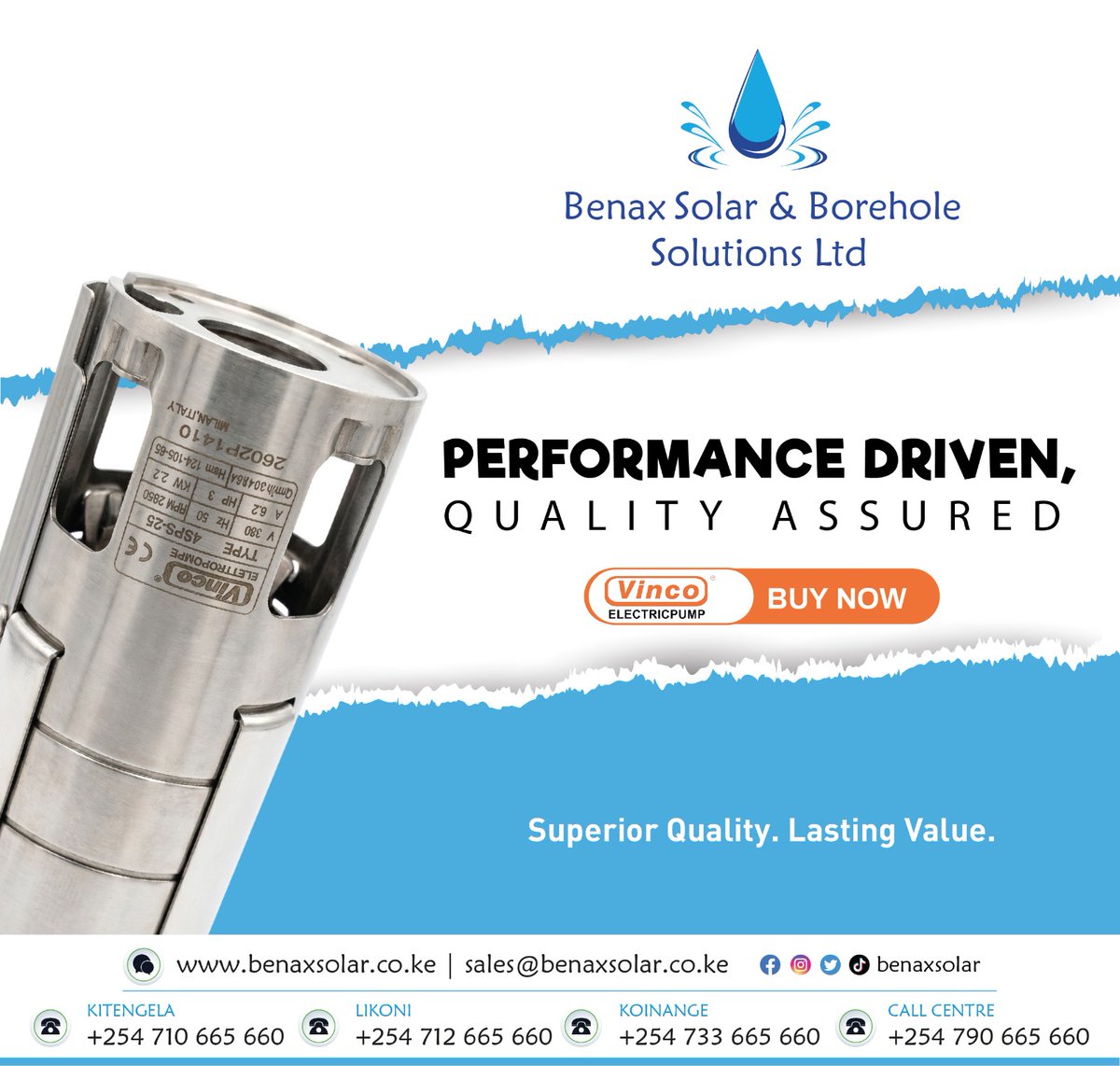Keyknowthier's tweet photo. 💧 Performance Driven. Quality Assured. 💧

When reliability matters, choose pumps engineered for efficiency, durability, and consistent performance.

The Vinco Stainless Steel Submersible Pump is built to deliver dependable water supply for boreholes, irrigation, livestock watering, domestic use, and commercial applications.

✅ High Efficiency Performance
✅ Corrosion-Resistant Stainless Steel Construction
✅ Durable & Long-Lasting Design
✅ Trusted Quality for Borehole Applications

Invest in a pump that works as hard as you do.

📞 0790 665 660 | 0733 665 660 | 0716 665 660
📧 sales@benaxsolar.co.ke
🌐 https://t.co/tdLUKnZPl8

#VincoPumps #BenaxSolar #BoreholeSolutions #SubmersiblePump #WaterPumpingSolutions #SolarPumping #IrrigationSolutions #ReliablePerformance #WaterForLife #PerformanceDrivenQualityAssured