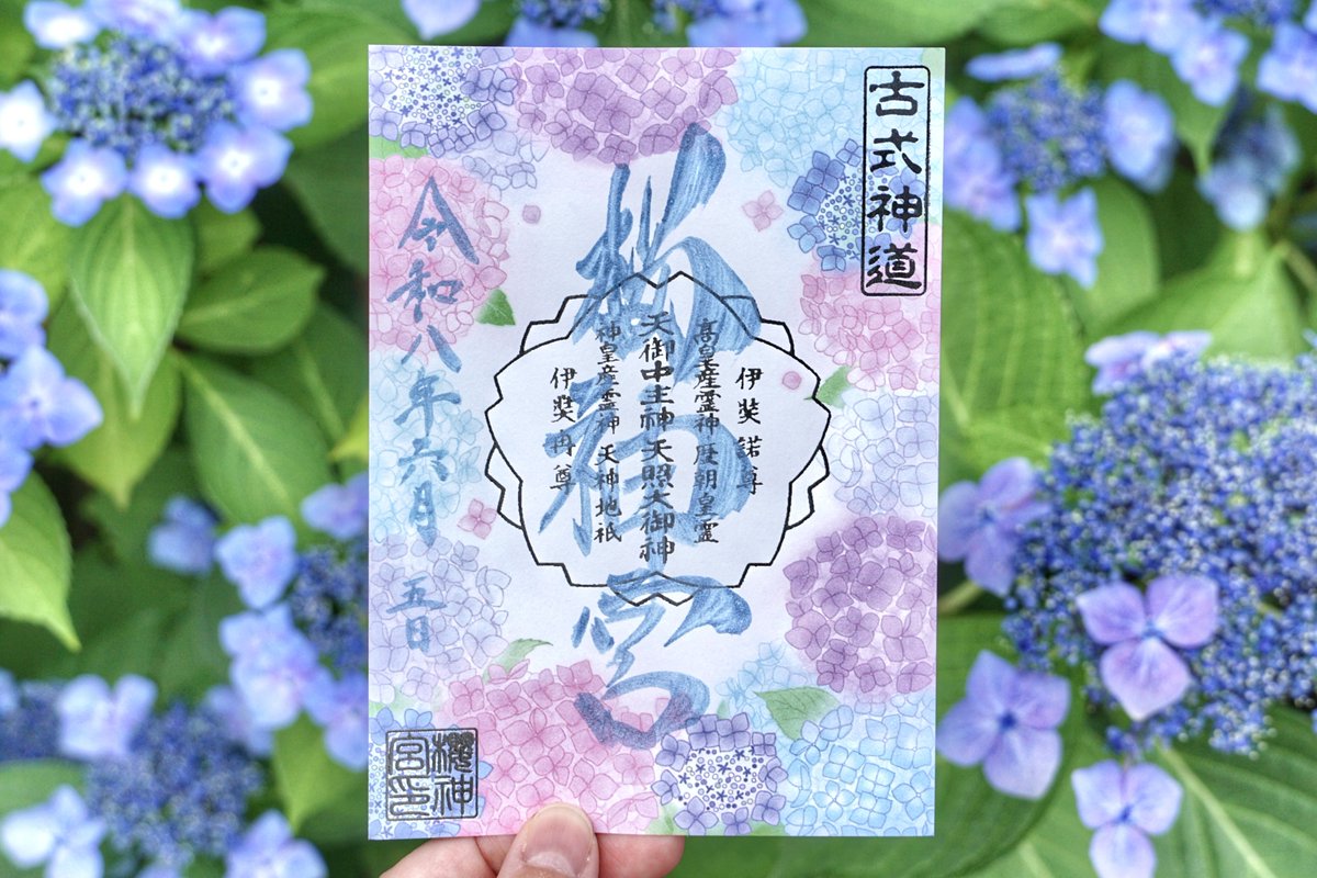 jinjamemo's tweet photo. 桜神宮。世田谷区新町。
「神習教」の本祠。世田谷のお伊勢さん。

6月中に授与の「紫陽花御朱印」を頂きました。こちらは書き置きのみで1日300枚限定です。平日は余裕あると思いますが週末は上限に達して終了する事もあるかもです。他に帳面に頂ける「アガパンサス御朱印」もあります。

今年も6月限定頒布の「あじさいレース御守り」の頒布を開始しています。桜神宮人気の授与品である桜のレース御守りの紫陽花版。おひとり様4体まで。初穂料1,500円。

手水舎が紫陽花の花手水仕様に。今年も綺麗。境内にも紫陽花が咲いています。参道などに咲いていますが本殿右手が結構穴場で綺麗に咲いています。

桜神宮と言えば2月・3月の河津桜。この時期は大変混雑するのですが、最新は紫陽花の季節も賑わうようになりましたね。昨年も人がよく訪れていましたが今年もひっきりなしに参拝者が訪れていました。

紫陽花の桜神宮も綺麗なのでぜひ参拝してみてください。

そんな桜神宮は神道十三派の「神習教（しんしゅうきょう）」の本祠（教庁・神殿）とされる古式神道の神社です。

神習教は明治の神官教導職分離の時期に組織された宗教の1つ。明治時代に神道教団として公認された13の教派神道を神道十三派と呼び、そのうちの1派です。

当時、明治政府が「神社の神官は人を教え導いてはならない」という方針を打ち出したため、危機感を抱いた芳村正秉（伊勢神宮で筆頭禰宜として活動していた方）が明治天皇の勅許を得て設立した神道教団です。

本来の神道の姿に復することを目的としていて、神代より脈々と流れる伝統的な神道的価値観を教義の柱としているため「古式神道」を称します。

造化の神・天御中主神（あめのみなかぬしのかみ）や、「伊勢神宮」の主祭神である天照大御神（あまてらすおおみかみ）など多くの天津神・国津神を祀り、記紀（古事記・日本書紀）などを所依の教典としています。

上述したように初代管長の芳村正秉は「伊勢神宮」に筆頭禰宜として奉職していた方。伊勢神宮退任の際に、当時の伊勢神宮の祭主であった久邇宮朝彦親王が天照大御神の神霊を御鏡に分霊して授けたと伝わります。この御鏡を御神体としている事から「世田谷のお伊勢さん」とも呼ばれます。

そんな古式神道の神社とされるため参拝方法は二拝四拍手一拝。（拝殿前にも参拝方法の掲示があります）一般的な2回ではなく4回拍手で行います。桜神宮に参拝される方は皆さんその辺を理解していて4回拍手が鳴り響いています。

※「出雲大社」「宇佐八幡宮」などの古社では今も桜神宮と同じく「二拝四拍手一拝」を参拝作法としている事があります。

一般的な神社とは少し違うのも新鮮かもしれません。ぜひ二拝四拍手一拝でお参りしてみて下さい。
#御朱印 #限定御朱印