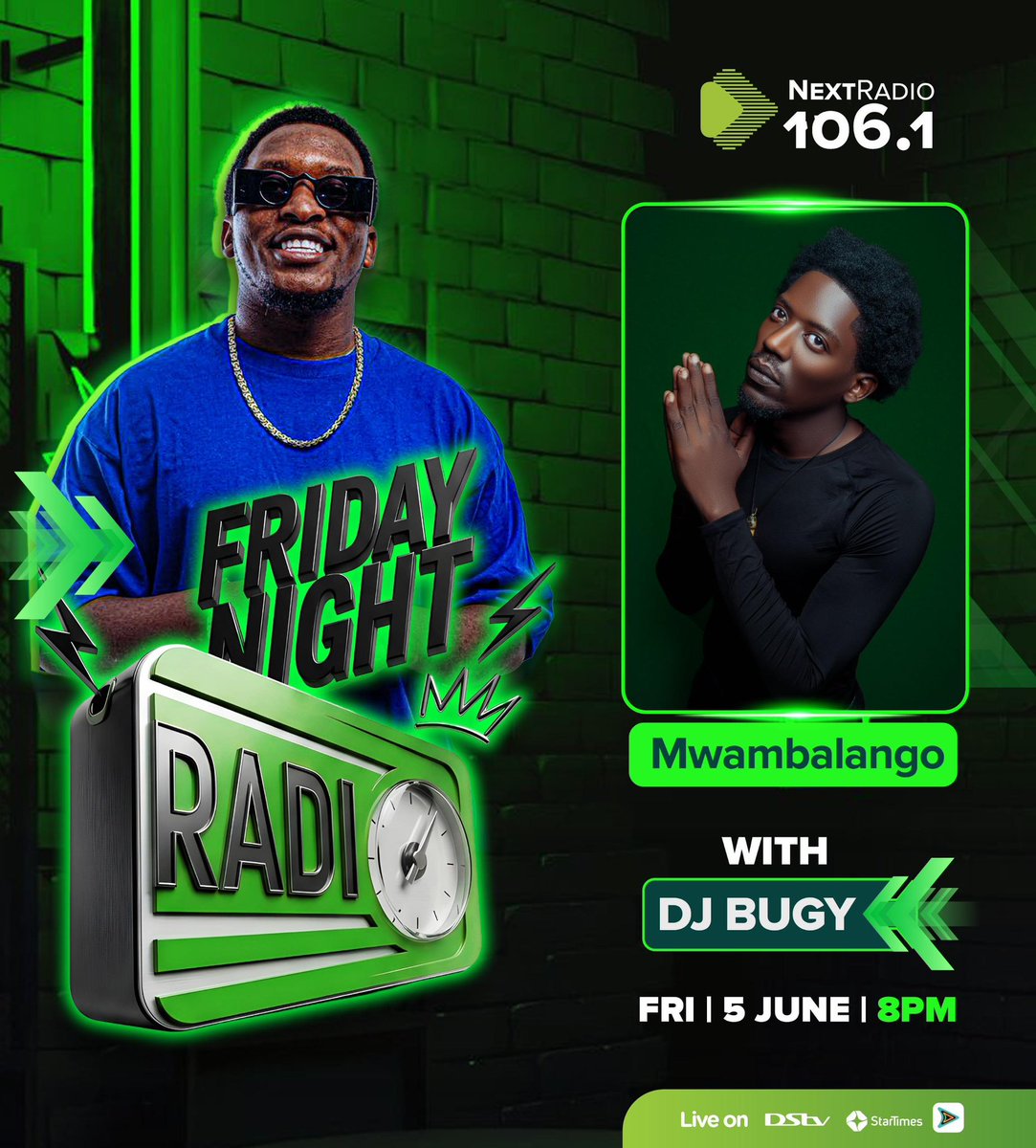 deejaybugy's tweet photo. Us guys on radio shall be turning it up per Friday Night routine🎶🕺

@Novaa256 and @Mwambalango are jamming with @BlaccLukas and I at 8pm on the Big Hit station. 

Tune in on 106.1fm or even on AfroMobile to jam wid us https://t.co/vGulqL3bvk