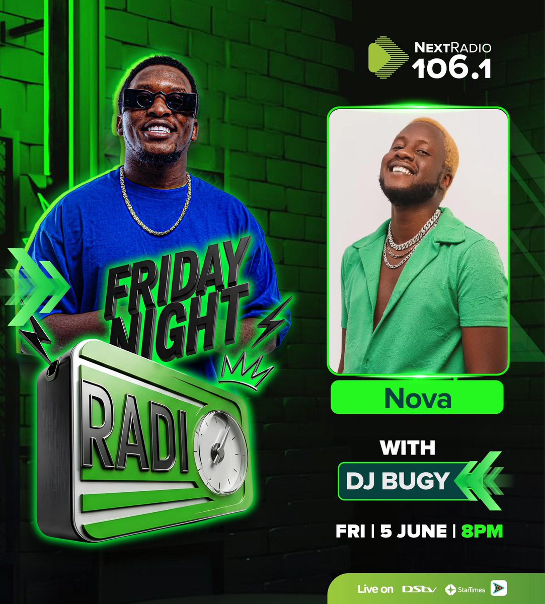 deejaybugy's tweet photo. Us guys on radio shall be turning it up per Friday Night routine🎶🕺

@Novaa256 and @Mwambalango are jamming with @BlaccLukas and I at 8pm on the Big Hit station. 

Tune in on 106.1fm or even on AfroMobile to jam wid us https://t.co/vGulqL3bvk