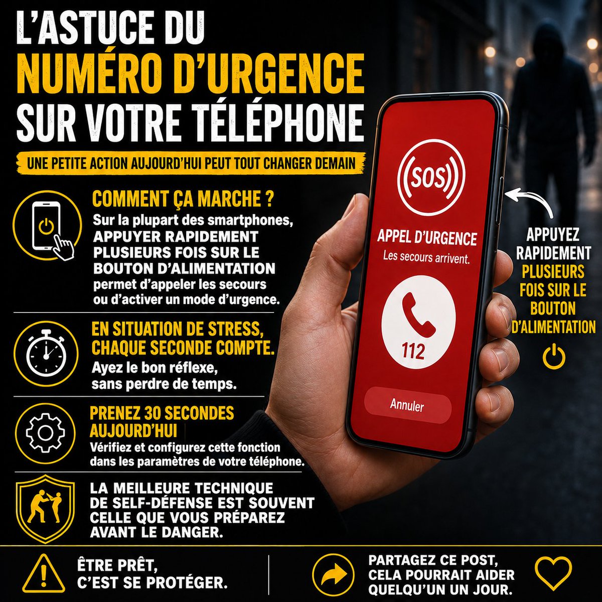 SecuritePerso74's tweet photo. 🚨 Une fonction que tout le monde devrait connaître

Sur la plupart des smartphones, plusieurs pressions rapides sur le bouton d'alimentation permettent de lancer un appel d'urgence

Vérifiez aujourd'hui si votre téléphone est bien configuré
Pas quand vous en aurez besoin https://t.co/VisiG9a7UY