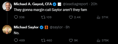 coinbureau's tweet photo. 🔥 MICHAEL SAYLOR says "NO" on margin call speculation on his Bitcoin.